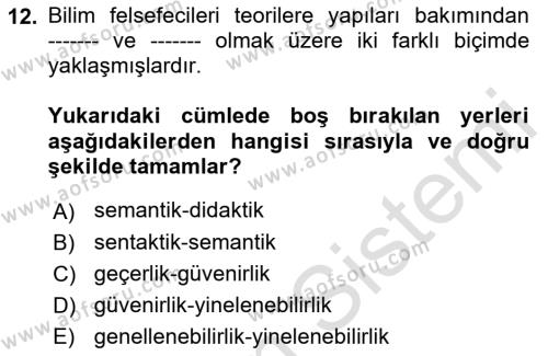 Bilim Felsefesi Dersi 2022 - 2023 Yılı Yaz Okulu Sınavı 12. Soru