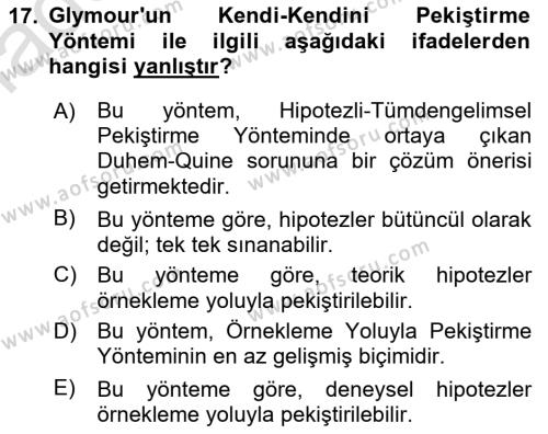 Bilim Felsefesi Dersi 2022 - 2023 Yılı Yaz Okulu Sınavı 17. Soru