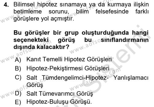 Bilim Felsefesi Dersi 2022 - 2023 Yılı Yaz Okulu Sınavı 4. Soru