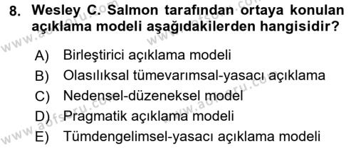 Bilim Felsefesi Dersi 2022 - 2023 Yılı Yaz Okulu Sınavı 8. Soru