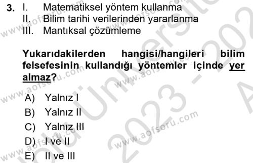 Bilim Felsefesi Dersi 2023 - 2024 Yılı (Vize) Ara Sınavı 3. Soru