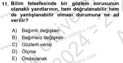 Bilim Felsefesi Dersi 2024 - 2025 Yılı (Vize) Ara Sınavı 11. Soru