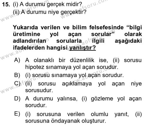 Bilim Felsefesi Dersi 2024 - 2025 Yılı (Vize) Ara Sınavı 15. Soru