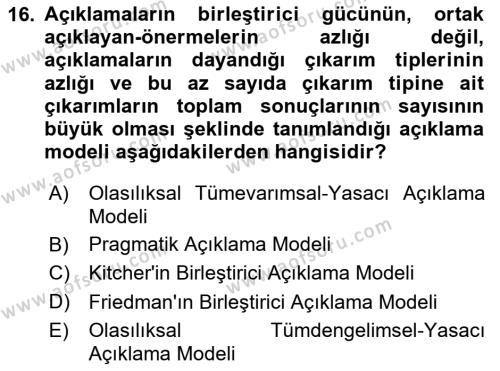 Bilim Felsefesi Dersi 2024 - 2025 Yılı (Vize) Ara Sınavı 16. Soru