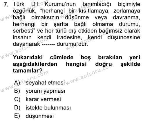 Yurttaşlık ve Çevre Bilgisi Dersi 2018 - 2019 Yılı (Final) Dönem Sonu Sınavı 7. Soru