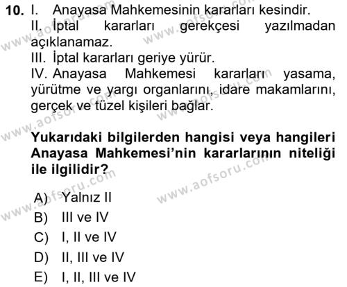 Yurttaşlık ve Çevre Bilgisi Dersi 2020 - 2021 Yılı Yaz Okulu Sınavı 10. Soru