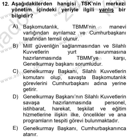 Yurttaşlık ve Çevre Bilgisi Dersi 2020 - 2021 Yılı Yaz Okulu Sınavı 12. Soru