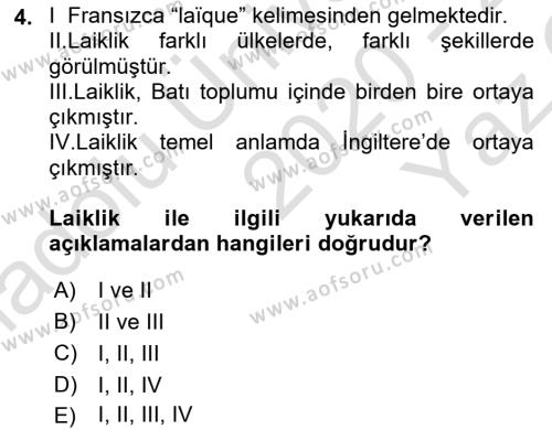 Yurttaşlık ve Çevre Bilgisi Dersi 2020 - 2021 Yılı Yaz Okulu Sınavı 4. Soru