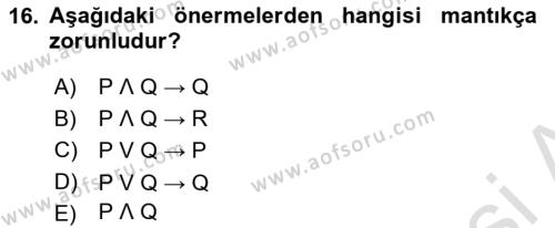 Metafizik Dersi 2021 - 2022 Yılı Yaz Okulu Sınavı 16. Soru