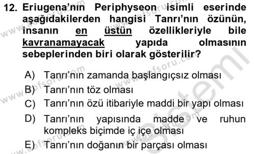 Ortaçağ Felsefesi 1 Dersi 2016 - 2017 Yılı (Vize) Ara Sınavı 12. Soru