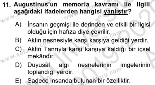 Ortaçağ Felsefesi 1 Dersi 2019 - 2020 Yılı (Vize) Ara Sınavı 11. Soru