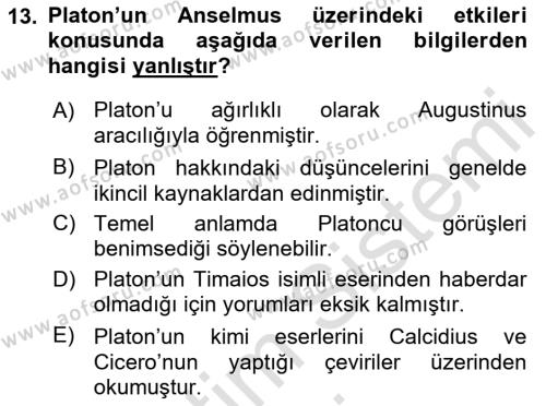 Ortaçağ Felsefesi 1 Dersi 2019 - 2020 Yılı (Vize) Ara Sınavı 13. Soru