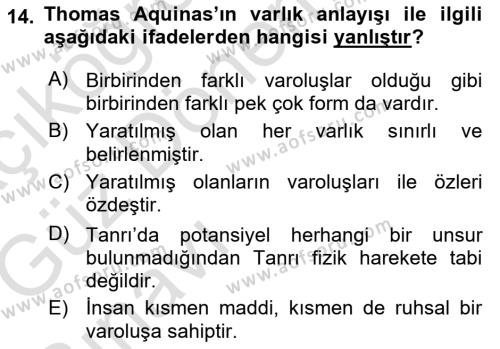 Ortaçağ Felsefesi 1 Dersi 2019 - 2020 Yılı (Vize) Ara Sınavı 14. Soru