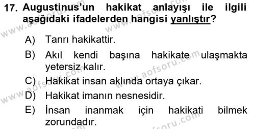 Ortaçağ Felsefesi 1 Dersi 2019 - 2020 Yılı (Vize) Ara Sınavı 17. Soru