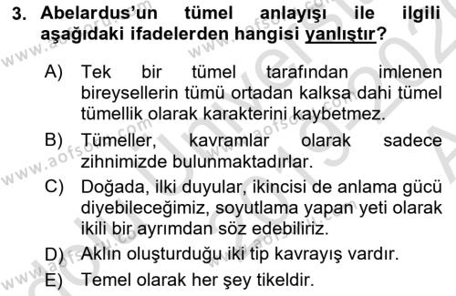 Ortaçağ Felsefesi 1 Dersi 2019 - 2020 Yılı (Vize) Ara Sınavı 3. Soru