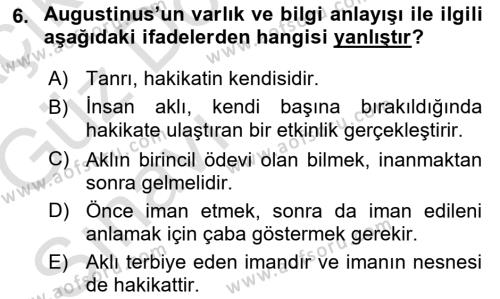 Ortaçağ Felsefesi 1 Dersi 2019 - 2020 Yılı (Vize) Ara Sınavı 6. Soru