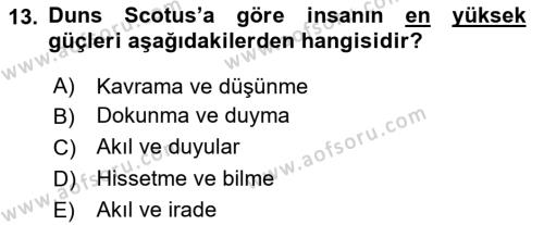 Ortaçağ Felsefesi 1 Dersi 2020 - 2021 Yılı Yaz Okulu Sınavı 13. Soru