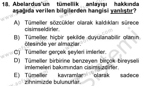 Ortaçağ Felsefesi 1 Dersi 2020 - 2021 Yılı Yaz Okulu Sınavı 18. Soru