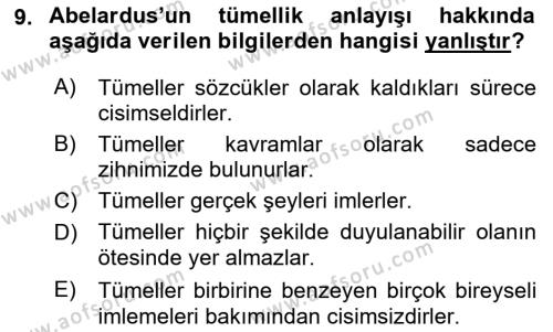 Ortaçağ Felsefesi 1 Dersi 2021 - 2022 Yılı (Vize) Ara Sınavı 9. Soru