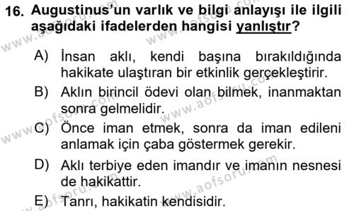 Ortaçağ Felsefesi 1 Dersi 2021 - 2022 Yılı Yaz Okulu Sınavı 16. Soru