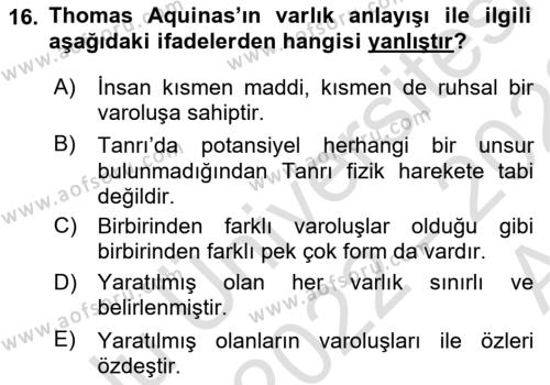 Ortaçağ Felsefesi 1 Dersi 2022 - 2023 Yılı (Vize) Ara Sınavı 16. Soru