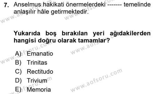 Ortaçağ Felsefesi 1 Dersi 2022 - 2023 Yılı (Vize) Ara Sınavı 7. Soru