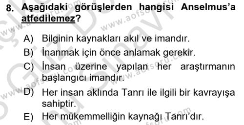 Ortaçağ Felsefesi 1 Dersi 2022 - 2023 Yılı (Final) Dönem Sonu Sınavı 8. Soru