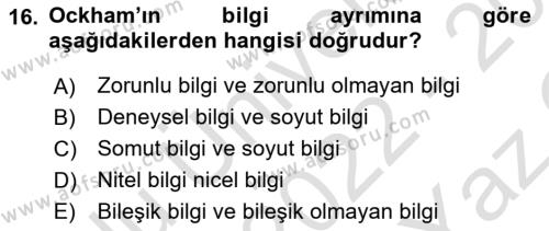 Ortaçağ Felsefesi 1 Dersi 2022 - 2023 Yılı Yaz Okulu Sınavı 16. Soru