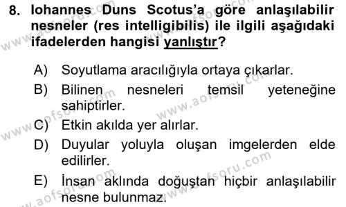 Ortaçağ Felsefesi 1 Dersi 2022 - 2023 Yılı Yaz Okulu Sınavı 8. Soru