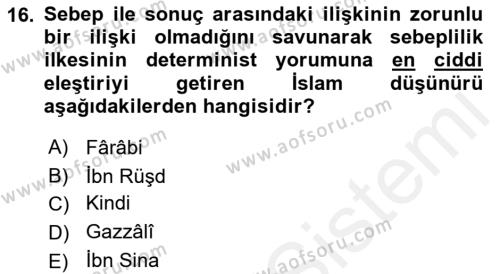 Ortaçağ Felsefesi 2 Dersi 2018 - 2019 Yılı (Final) Dönem Sonu Sınavı 16. Soru