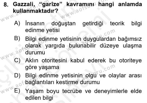 Ortaçağ Felsefesi 2 Dersi 2018 - 2019 Yılı (Final) Dönem Sonu Sınavı 8. Soru