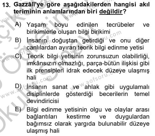 Ortaçağ Felsefesi 2 Dersi 2018 - 2019 Yılı Yaz Okulu Sınavı 13. Soru