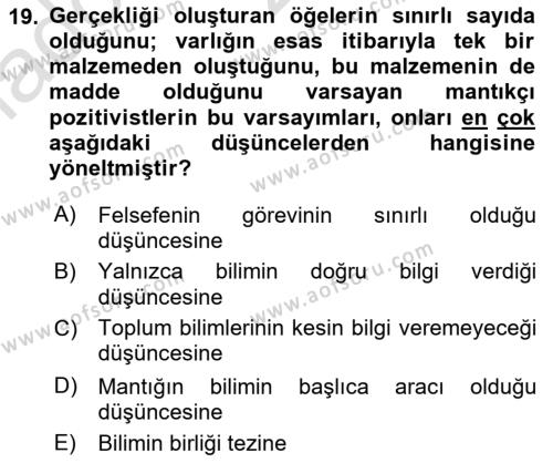 Felsefe Dersi 2022 - 2023 Yılı (Vize) Ara Sınavı 19. Soru