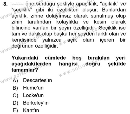 Felsefe Dersi 2022 - 2023 Yılı (Vize) Ara Sınavı 8. Soru