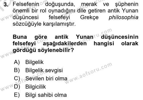 Felsefe Dersi 2022 - 2023 Yılı (Final) Dönem Sonu Sınavı 3. Soru