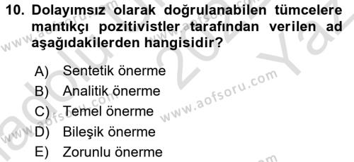 Felsefe Dersi 2022 - 2023 Yılı Yaz Okulu Sınavı 10. Soru