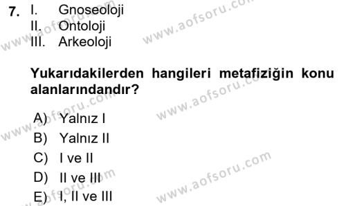 Felsefe Dersi 2022 - 2023 Yılı Yaz Okulu Sınavı 7. Soru