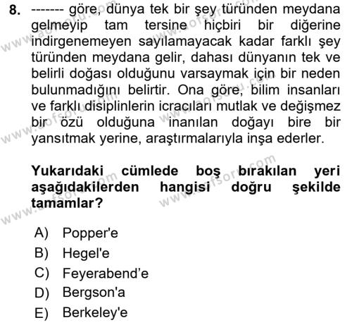 Felsefe Dersi 2023 - 2024 Yılı (Final) Dönem Sonu Sınavı 8. Soru