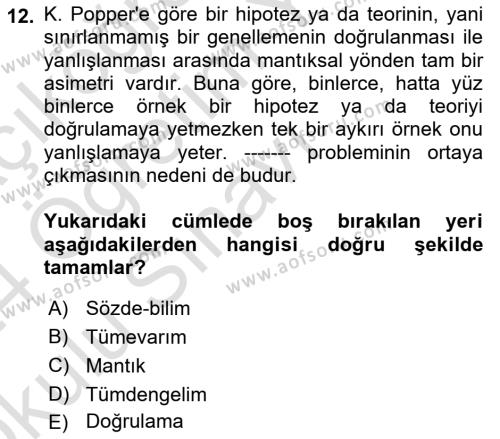 Felsefe Dersi 2023 - 2024 Yılı Yaz Okulu Sınavı 12. Soru