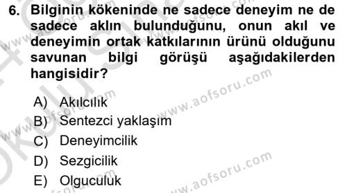 Felsefe Dersi 2023 - 2024 Yılı Yaz Okulu Sınavı 6. Soru