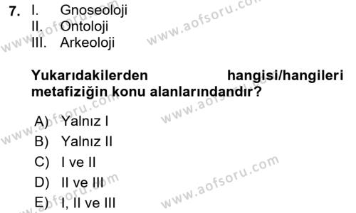 Felsefe Dersi 2023 - 2024 Yılı Yaz Okulu Sınavı 7. Soru