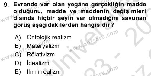 Felsefe Dersi 2023 - 2024 Yılı Yaz Okulu Sınavı 9. Soru