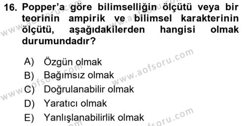 Felsefe Dersi 2024 - 2025 Yılı (Vize) Ara Sınavı 16. Soru