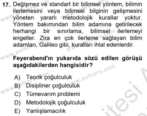 Felsefe Dersi 2024 - 2025 Yılı (Vize) Ara Sınavı 17. Soru