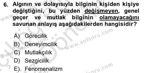 Felsefe Dersi 2024 - 2025 Yılı (Vize) Ara Sınavı 6. Soru