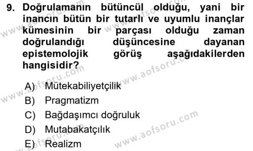 Felsefe Dersi 2024 - 2025 Yılı (Vize) Ara Sınavı 9. Soru