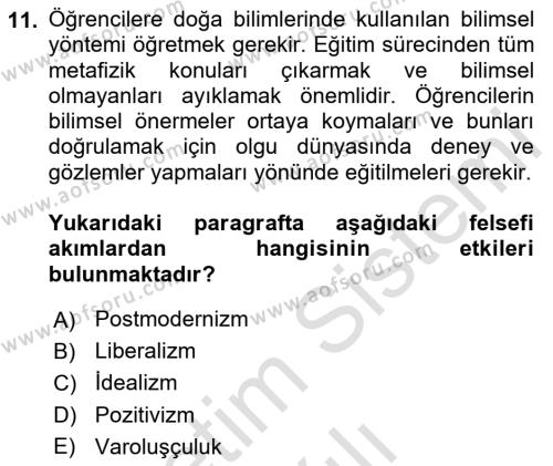 Eğitim Felsefesi Dersi 2023 - 2024 Yılı (Vize) Ara Sınavı 11. Soru