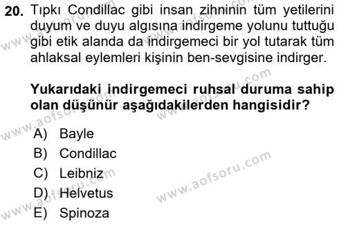 Modern Felsefe 1 Dersi 2017 - 2018 Yılı (Final) Dönem Sonu Sınavı 20. Soru