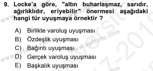 Modern Felsefe 1 Dersi 2017 - 2018 Yılı (Final) Dönem Sonu Sınavı 9. Soru