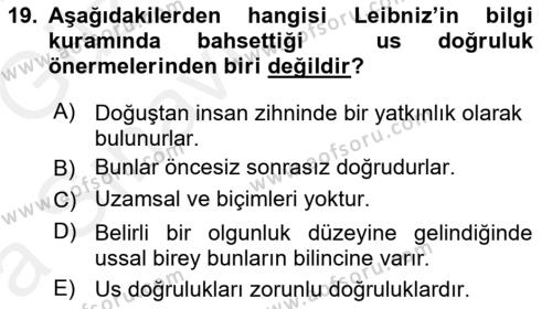 Modern Felsefe 1 Dersi 2018 - 2019 Yılı (Vize) Ara Sınavı 19. Soru